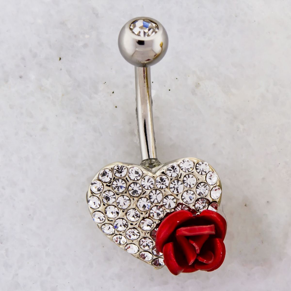 Belly Ring - No Dangle Pave Heart With Red Rose Navel Ring - 1 Piece -Rebel Bod-RebelBod