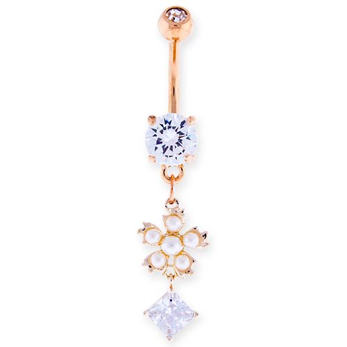 Belly Ring - No Dangle Pearl Flower Square CZ Belly Ring - 1 Piece -Rebel Bod-RebelBod