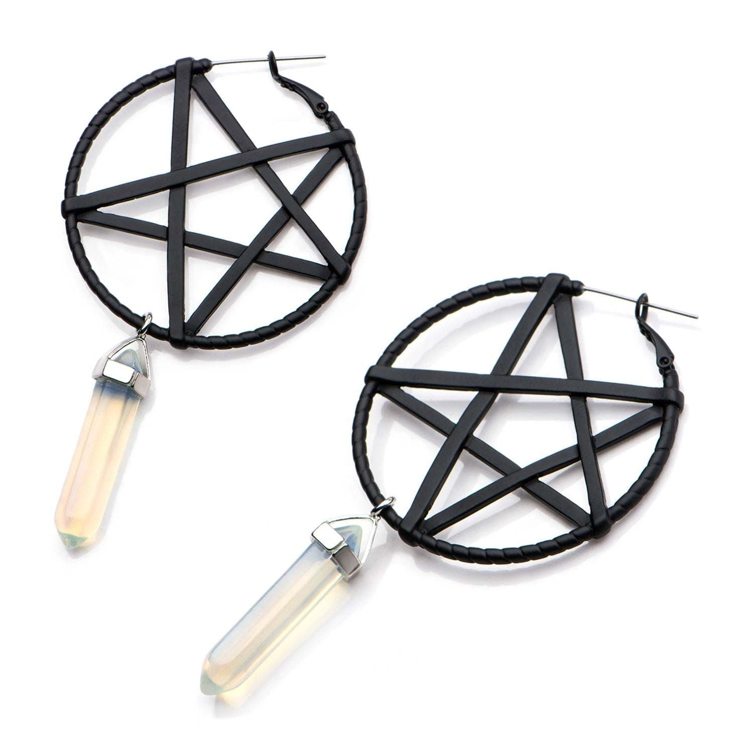 Tapers - Hanging Pentagram Opalite Pendulum Plug Hoops -Rebel Bod-RebelBod