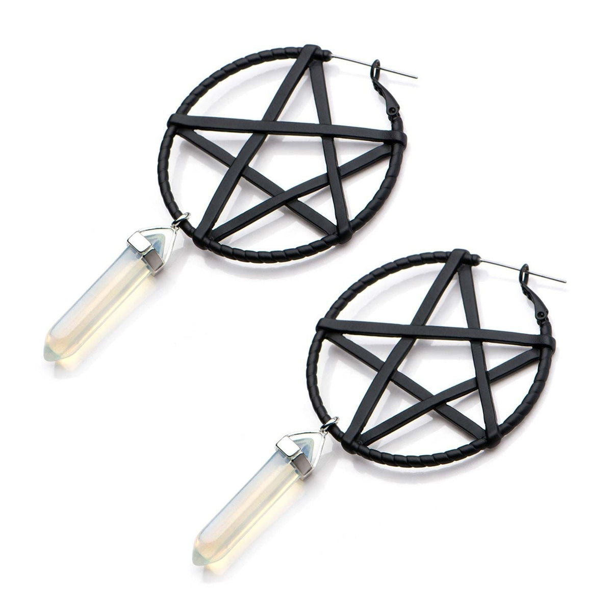 Tapers - Hanging Pentagram Opalite Pendulum Plug Hoops -Rebel Bod-RebelBod