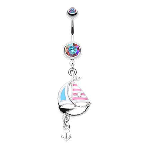 Pink/Aurora Borealis Classic Sail Boat Anchor Dangle Belly Button Ring
