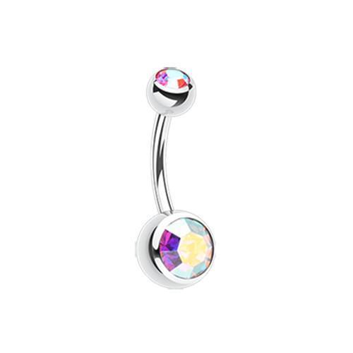 Pink/Aurora Borealis Double Gem Ball Belly Button Ring