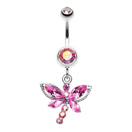 Pink/Aurora Borealis Dragonfly Glam Belly Button Ring