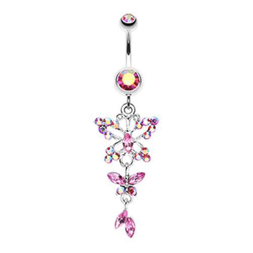 Pink/Aurora Borealis Glam Butterfly Fall Fancy Belly Button Ring