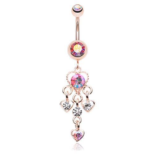 Pink/Aurora Borealis Rose Gold Sparkle Multi Heart Belly Button Ring