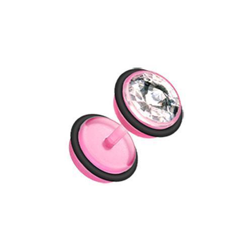 Pink Bio Flexible Gem Top Acrylic Fake Plug w/ O-Rings - 1 Pair