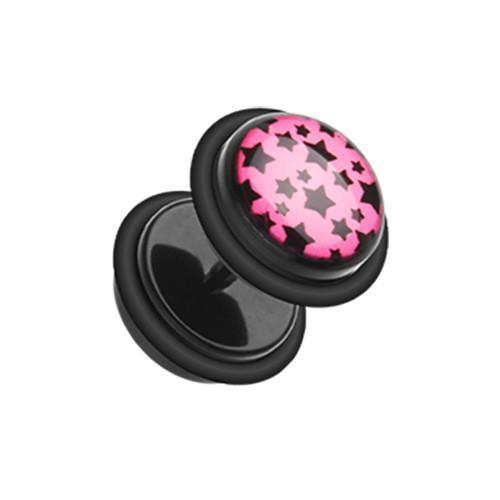 Pink/Black Multi Star Acrylic Fake Plug w/ O-Rings - 1 Pair