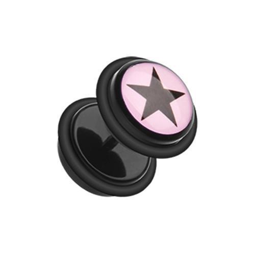 Pink/Black Star Print Acrylic Fake Plug w/ O-Rings - 1 Pair