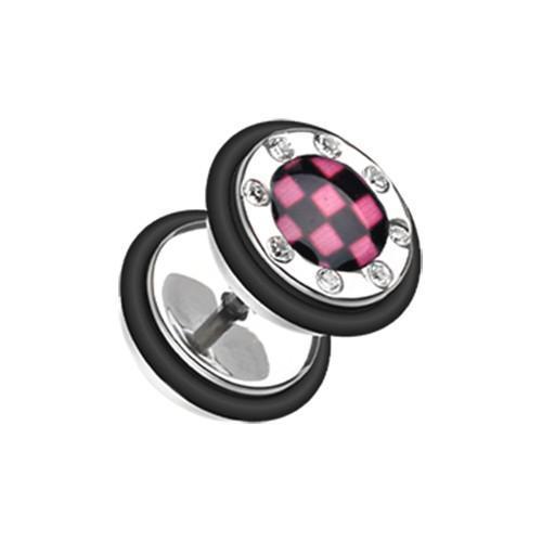 Pink Checker Gem Rimmed Fake Plug - 1 Pair