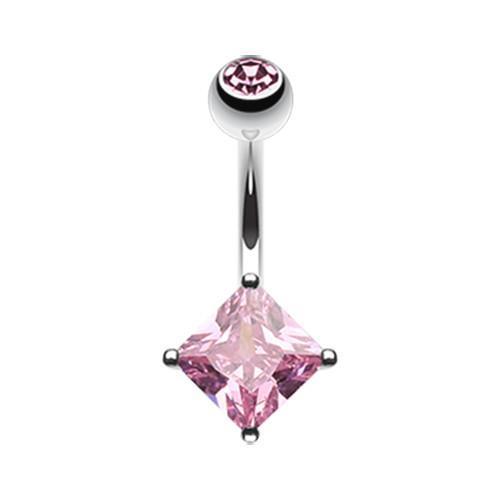 Pink Classic Square Gem Prong Sparkle Belly Button Ring