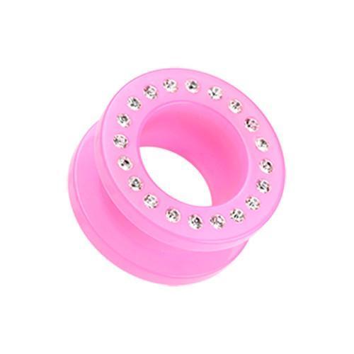 Pink/Clear Gems Encircle Screw-Fit Ear Gauge Tunnel Plug - 1 Pair