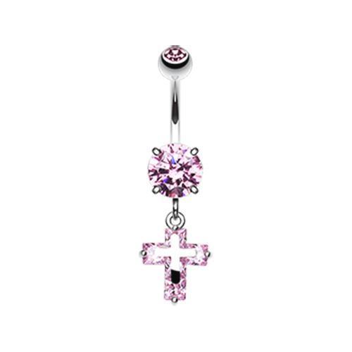 Pink Cross on Cross Sparkle Belly Button Ring