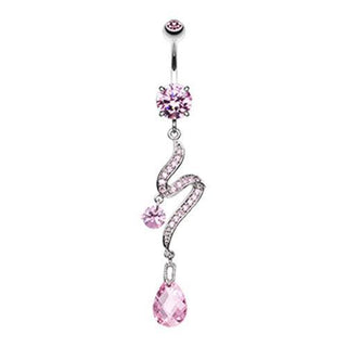 Pink Elegant Swirl Sparkle Dangle Belly Ring - 14G (1.6mm) / Length: 3/8" (10mm)