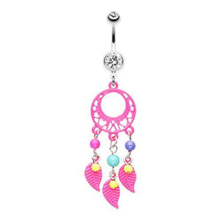 Pink Enchanted Loop Dream Catcher Dangle Belly Ring - 14G (1.6mm) / Length: 3/8" (10mm)