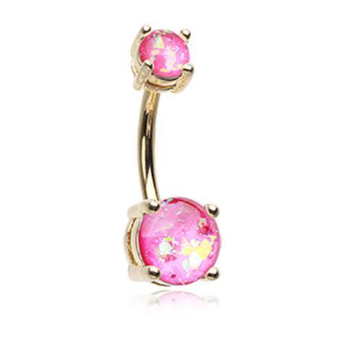 Pink Golden Opal Sparkle Prong Set Belly Button Ring