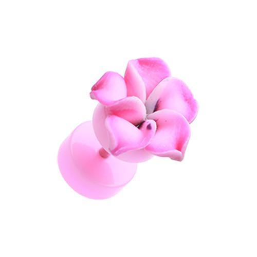 Pink Hawaiian Plumeria Flower Acrylic Fake Plug - 1 Pair