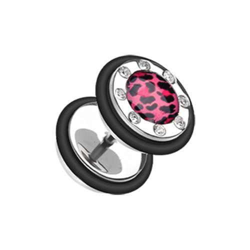 Pink Leopard Gem Rimmed Fake Plug - 1 Pair