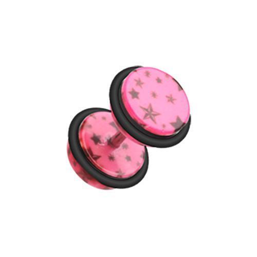 Pink Multi Star Print Acrylic Fake Plug w/ O-Rings - 1 Pair