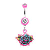 Pink Retro Tattooed Rose Belly Button Ring