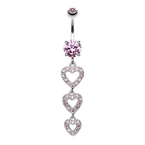 Pink Sparkling Heart Cascade Belly Button Ring