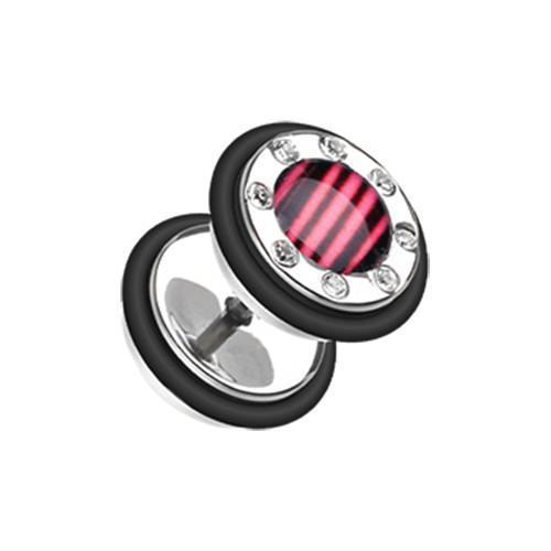 Pink Stripe Gem Rimmed Fake Plug - 1 Pair