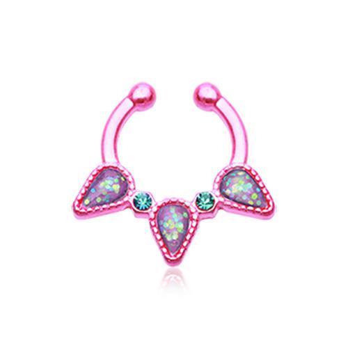 Pink/Teal Opal Sparkle Trident Fake Septum Clip-On Ring