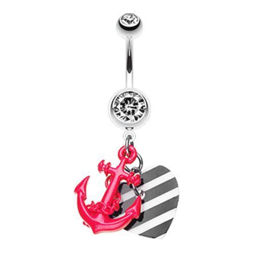Pink Vibrant Anchor Nautical Heart Belly Button Ring
