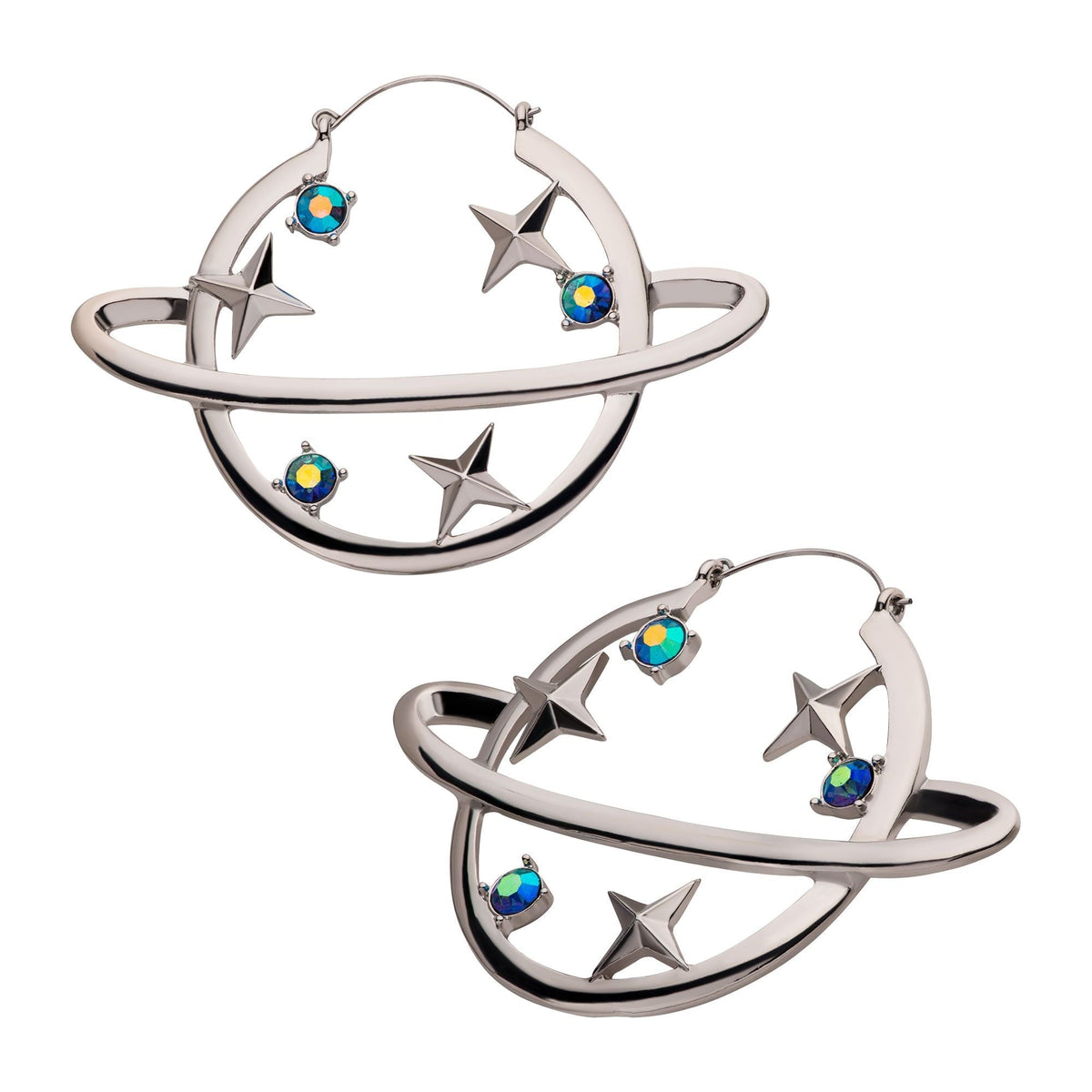 Tapers - Hanging Planet Neptune Hoop Blue AB Gems Plug Hoops -Rebel Bod-RebelBod