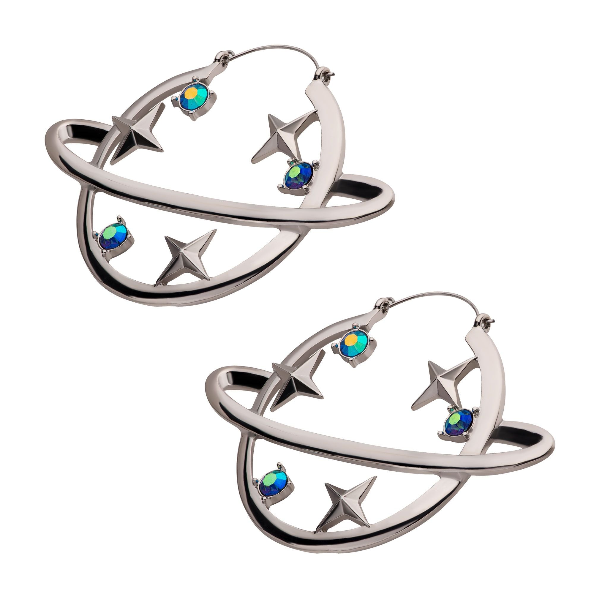 Tapers - Hanging Planet Neptune Hoop Blue AB Gems Plug Hoops -Rebel Bod-RebelBod