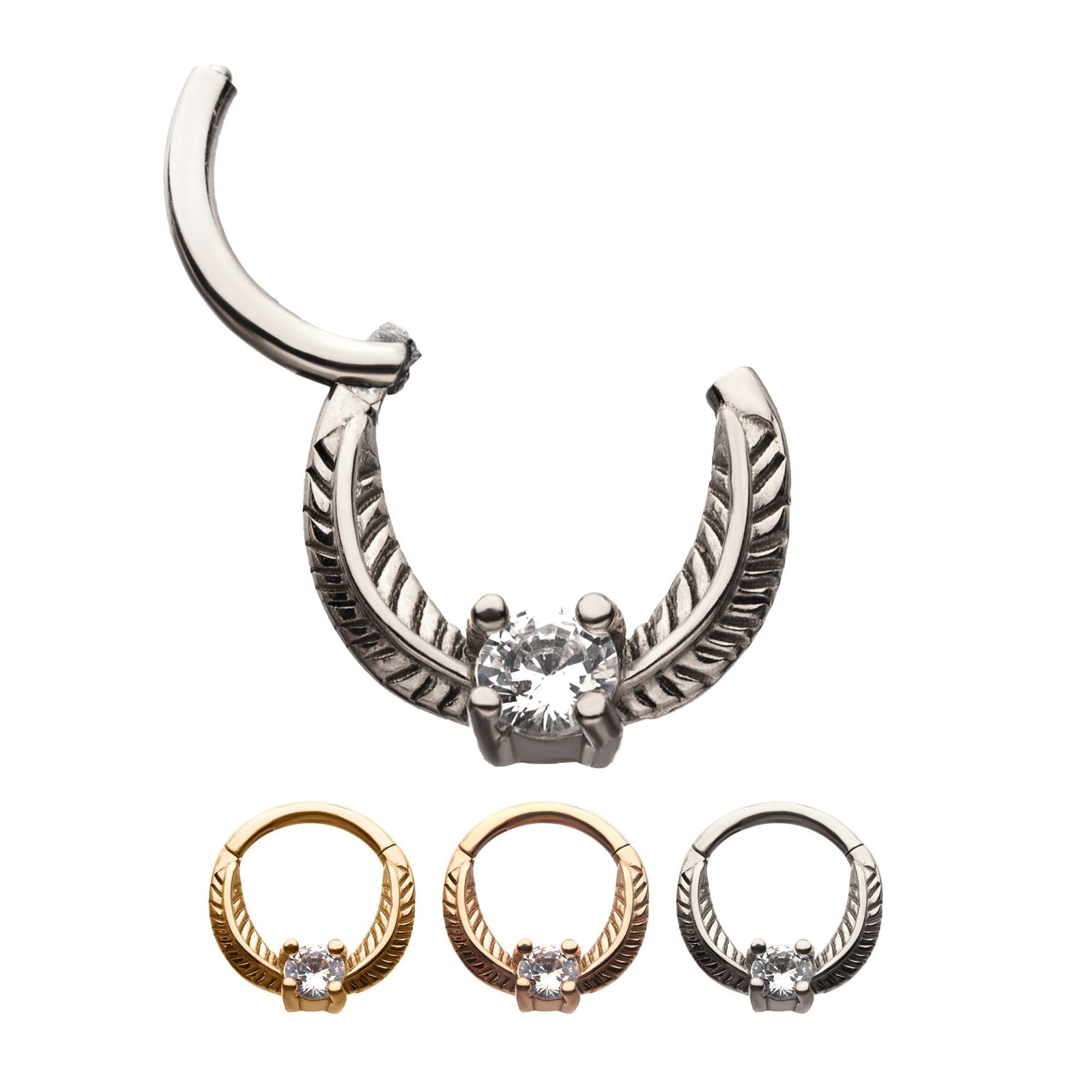 SEAMLESS CLICKER Prong Set Clear CZ Gem Feather Hinged Segment rings -Rebel Bod-RebelBod