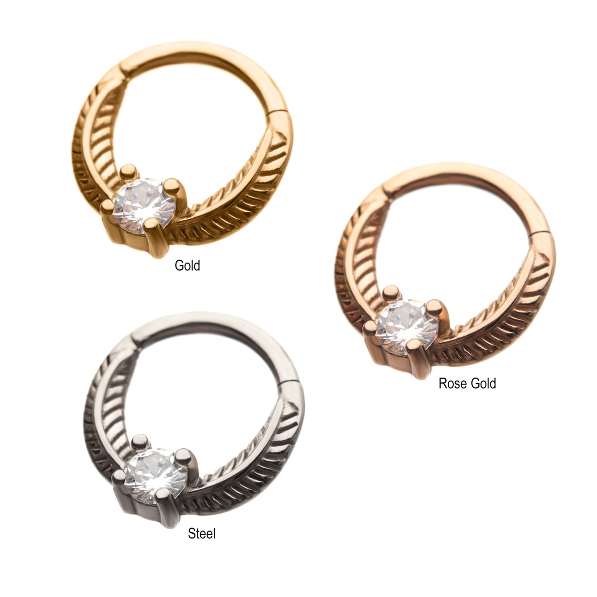 SEAMLESS CLICKER Prong Set Clear CZ Gem Feather Hinged Segment rings -Rebel Bod-RebelBod