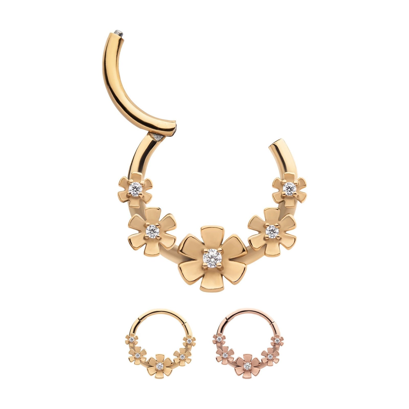 SEAMLESS CLICKER Prong Set CZ 5-Cluster Flower Front Facing Hinged Segment Clicker -Rebel Bod-RebelBod