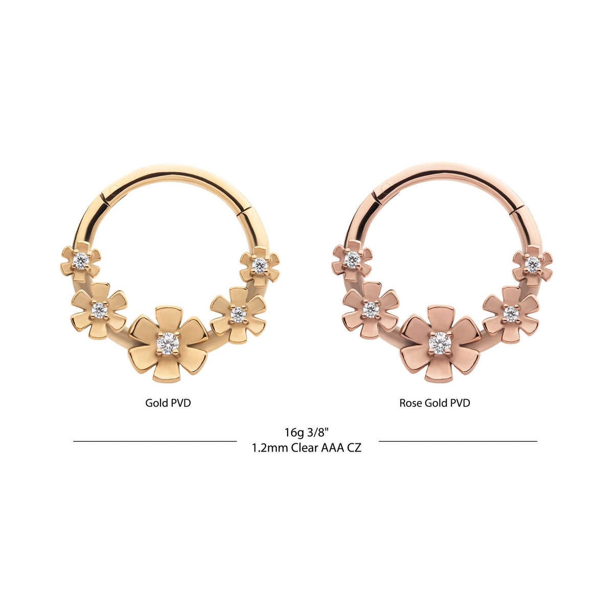 SEAMLESS CLICKER Prong Set CZ 5-Cluster Flower Front Facing Hinged Segment Clicker -Rebel Bod-RebelBod