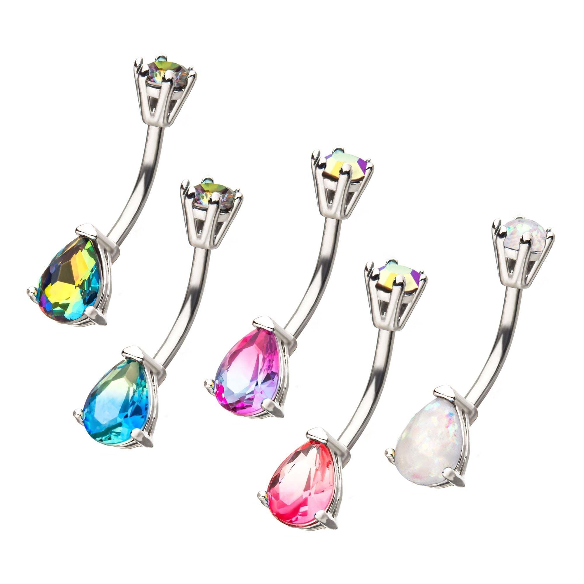 Prong Set Tear Drop Gem Fixed Navel in 5mm (top) and 6.2mm x 9mm (bottom) sbvbadlpgemtd