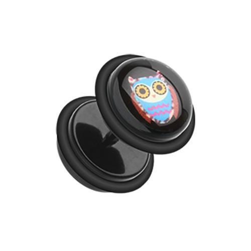 Psychedelic Retro Owl Acrylic Fake Plug w/ O-Rings - 1 Pair