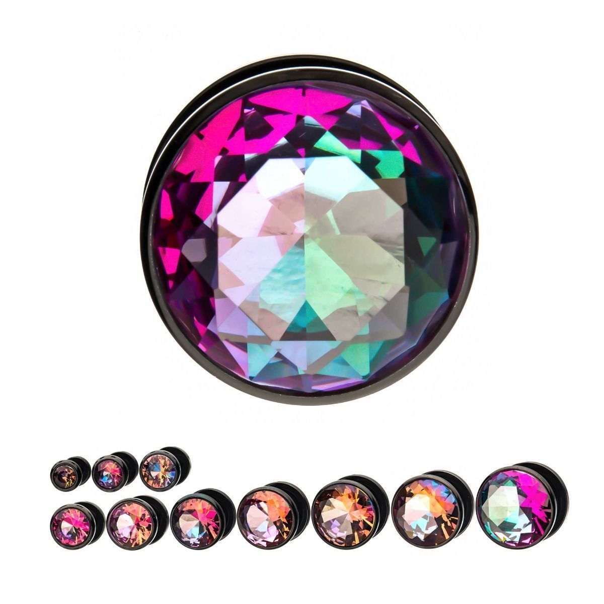 Plugs Earrings - Double Flare Purple and Green CZ Black Plated Screw Fit Plugs - 1 Pair sbvps2836kag -Rebel Bod-RebelBod