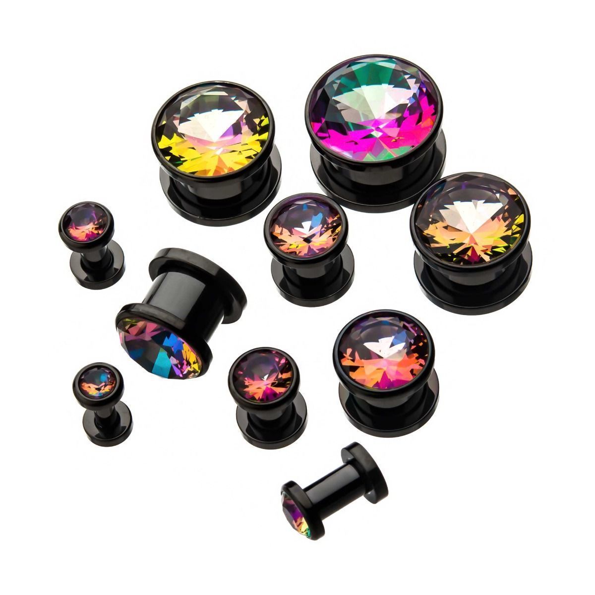 Plugs Earrings - Double Flare Purple and Green CZ Black Plated Screw Fit Plugs - 1 Pair sbvps2836kag -Rebel Bod-RebelBod