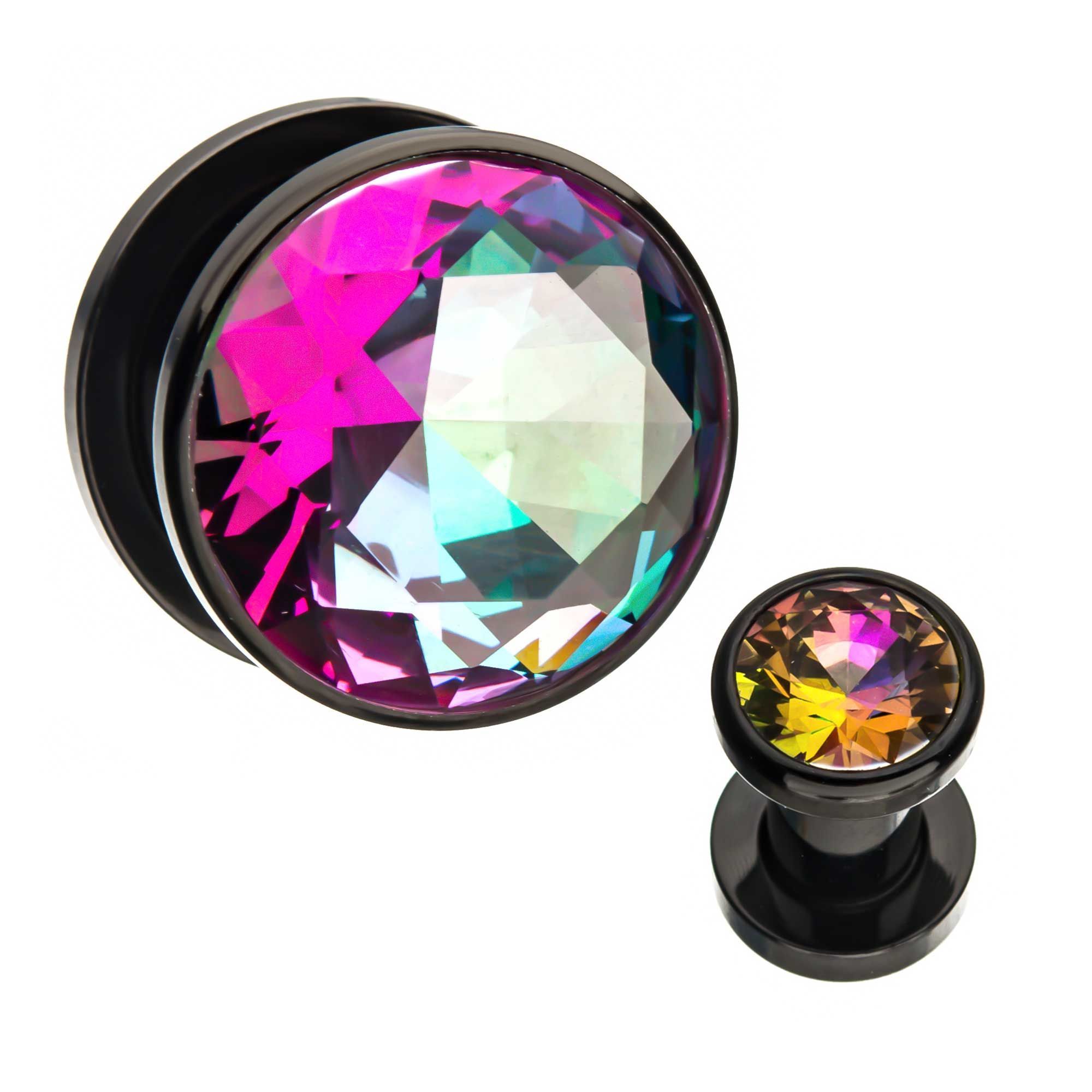 Plugs Earrings - Double Flare Purple and Green CZ Black Plated Screw Fit Plugs - 1 Pair sbvps2836kag -Rebel Bod-RebelBod