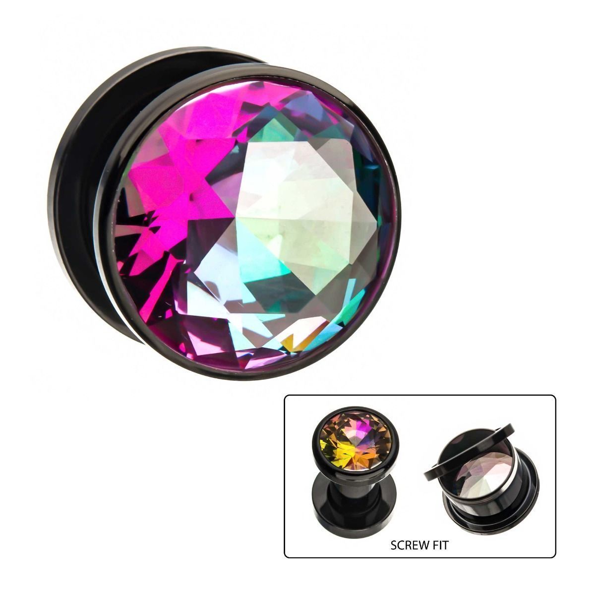 Plugs Earrings - Double Flare Purple and Green CZ Black Plated Screw Fit Plugs - 1 Pair sbvps2836kag -Rebel Bod-RebelBod