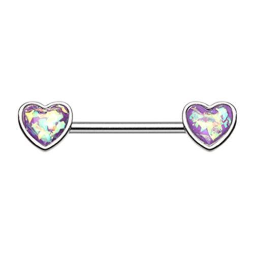 Purple Glitter Opal Heart Inlay Nipple Barbell Ring - 1 Piece