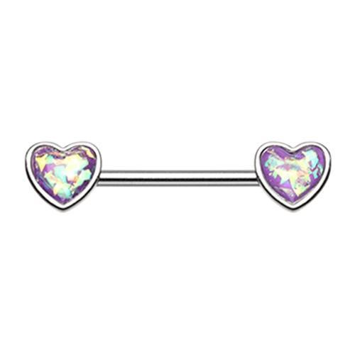 Purple Glitter Opal Heart Inlay Nipple Barbell - 1 Piece