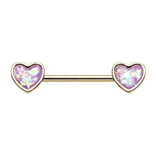 Purple Golden Glitter Opal Heart Inlay Nipple Barbell - 1 Piece
