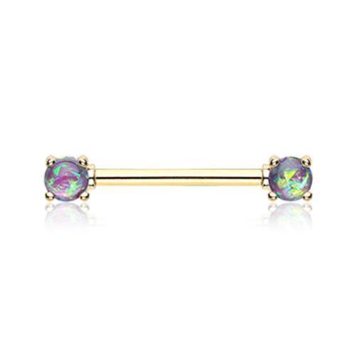 Purple Golden Opal Glitter Prong Nipple Barbell Ring - 1 Piece