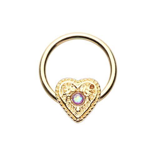 Purple Golden Ornate Opal Heart Captive Bead Ring