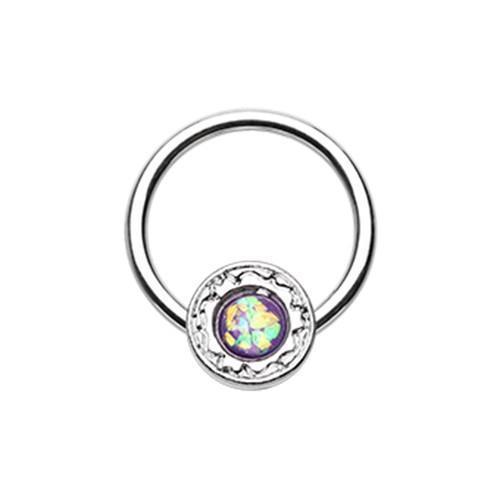 Purple Ornate Round Opal Captive Bead Ring