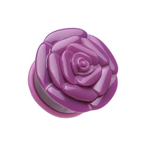 Purple Rose Blossom Flower Single Flared Ear Gauge Plug - 1 Pair