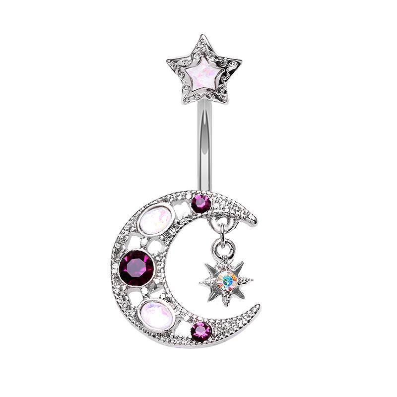 Purple/White Stellar Opal Moon Star Belly Button Ring