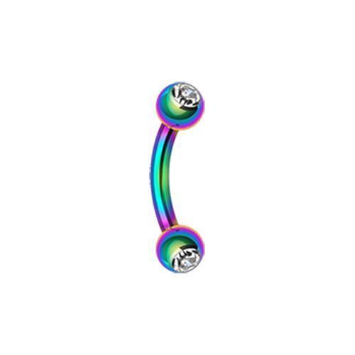Rainbow/Clear PVD Double Gem Ball Curved Barbell Eyebrow Ring
