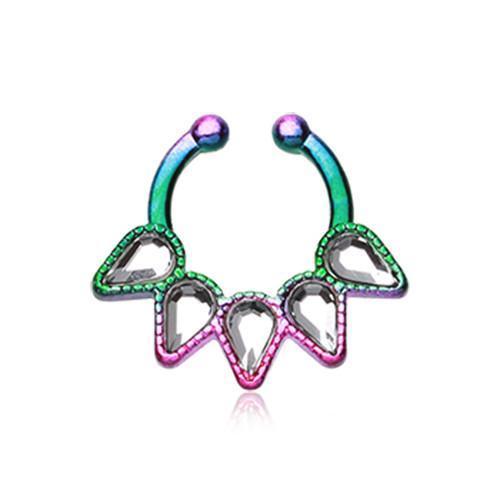 Rainbow/Clear Quinary Spear Fake Septum Clip-On Ring