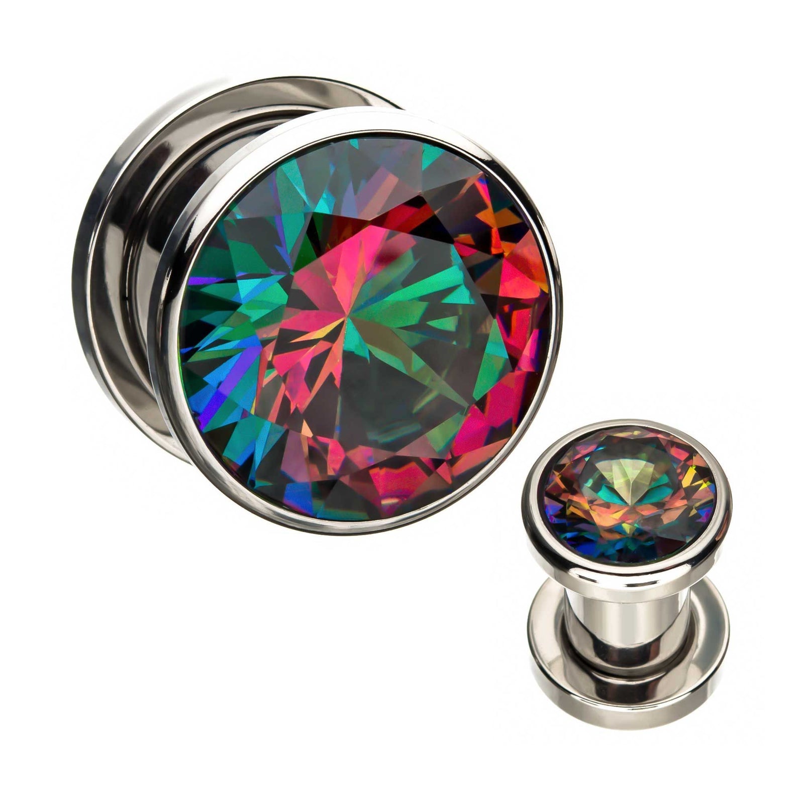 Red and Green Iridescent CZ Double Flared Ear Gauge Plugs - 1 Pair
